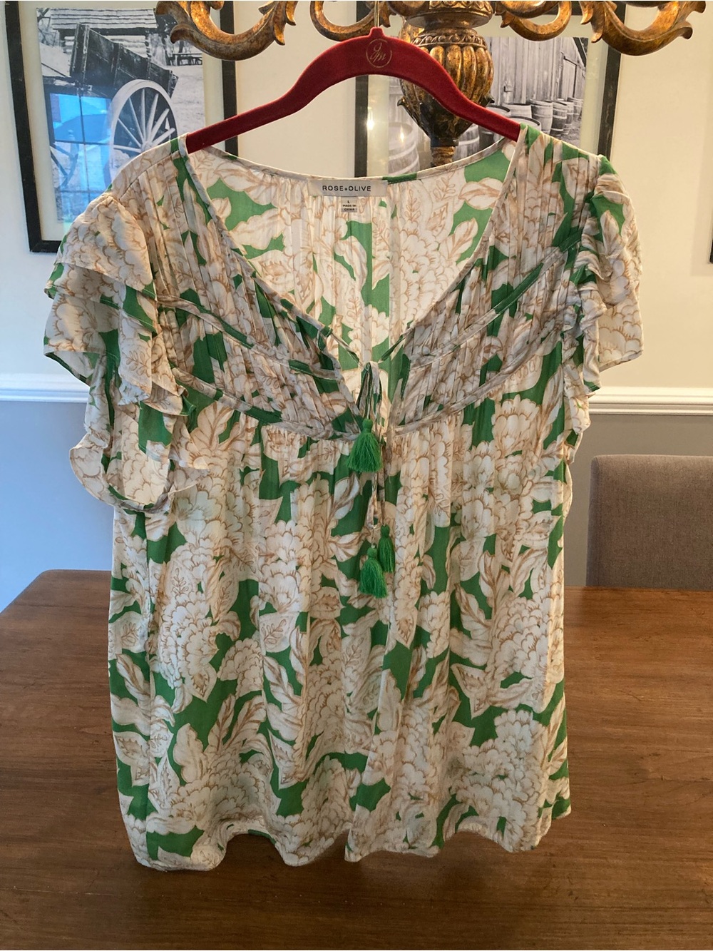 Rose & Olive Green and Cream Floral Tie-Front Ruffle Sleeve Blouse